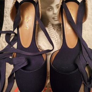 Navy Blue Lace up Wedge Espadrills. Never Worn.